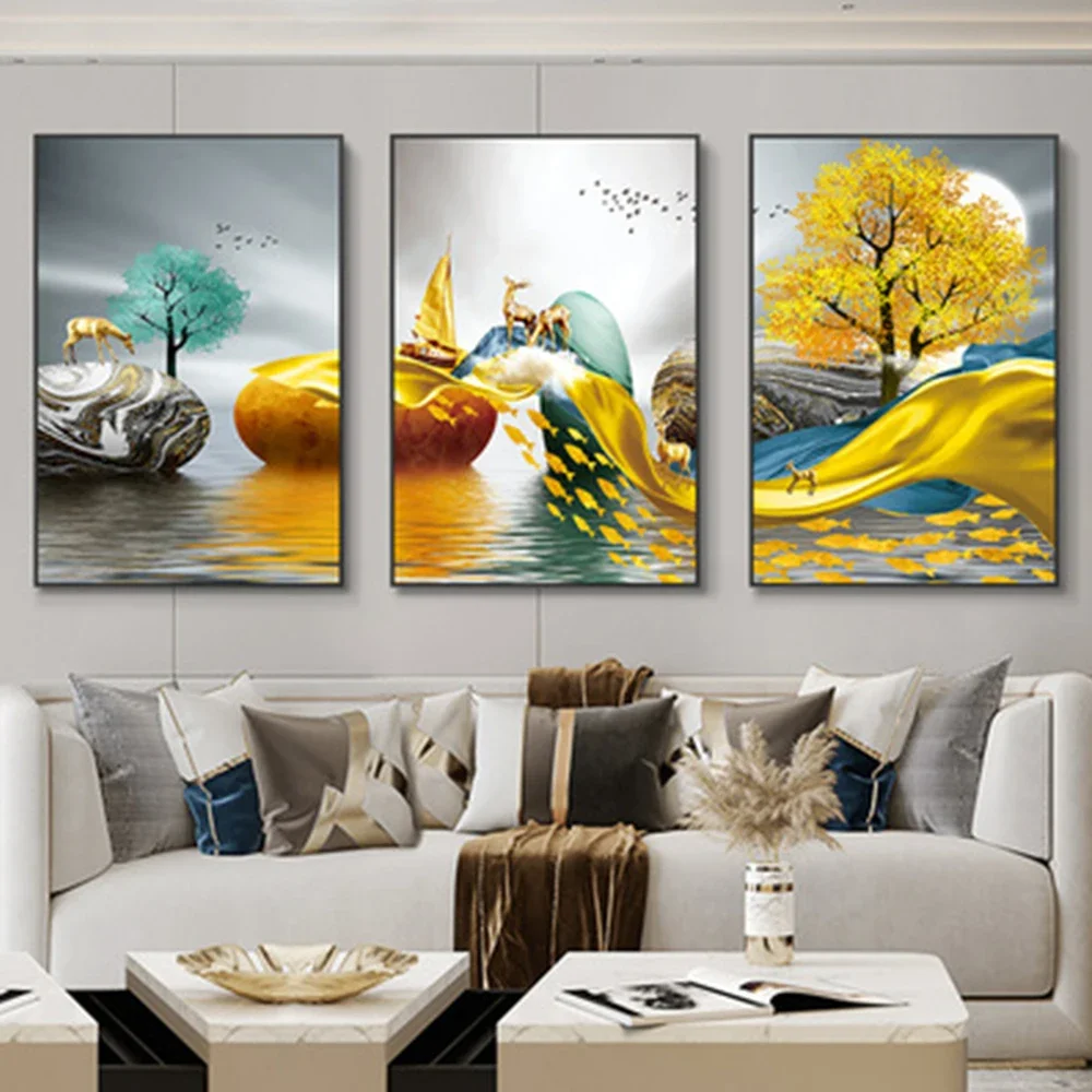 thumbnail image 1 of 3 cuadros de arte de pared abstractos con cinta de lujo nórdico, póster moderno con impresión de paisaje, pintura decorativa para sala de estar y hogar, 1 of 5