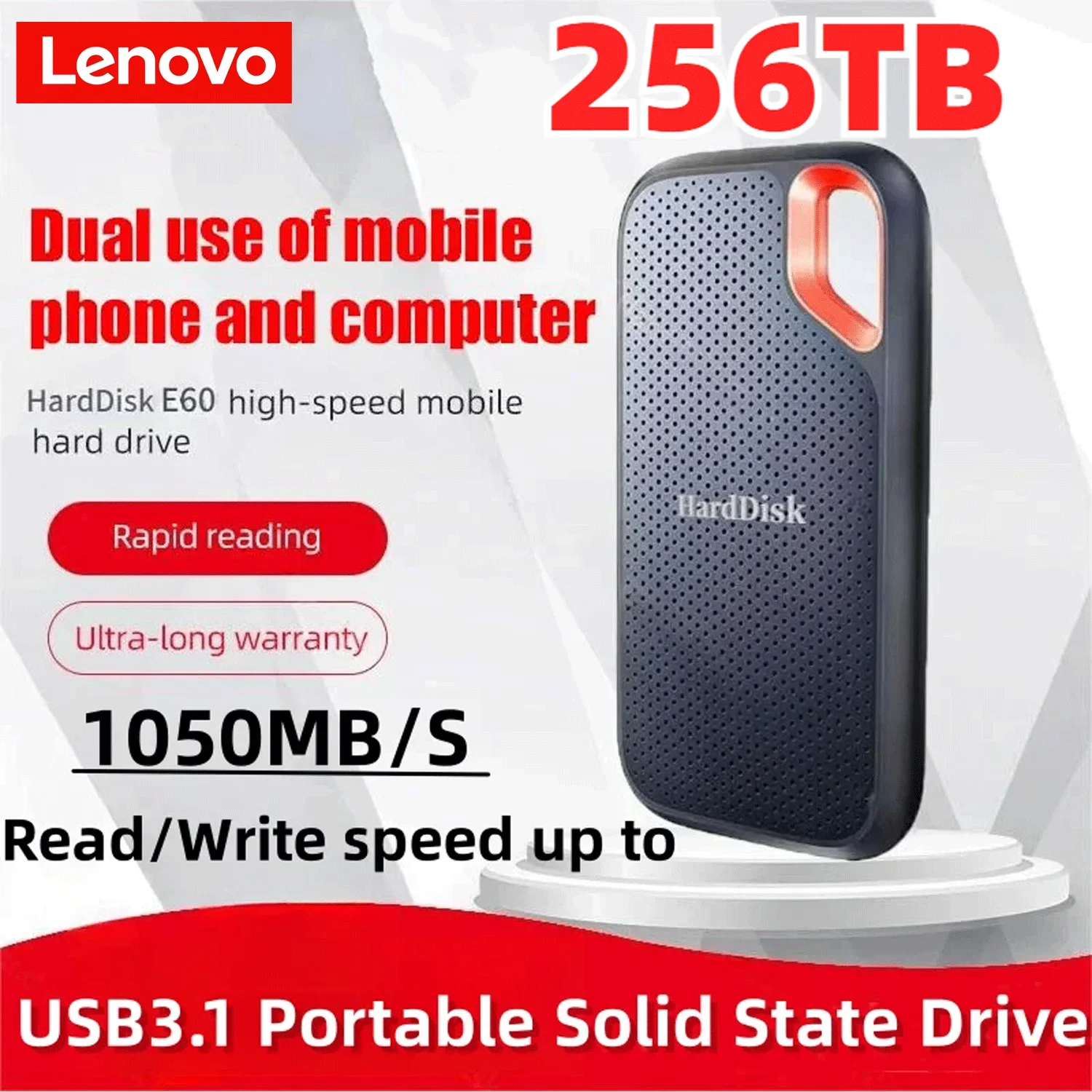 Портативный жесткий диск Lenovo E60, 1 ТБ, 256 ТБ, USB 3,1, HD внешний жесткий диск для ноутбука, PS5, мобильный жесткий диск, HDD