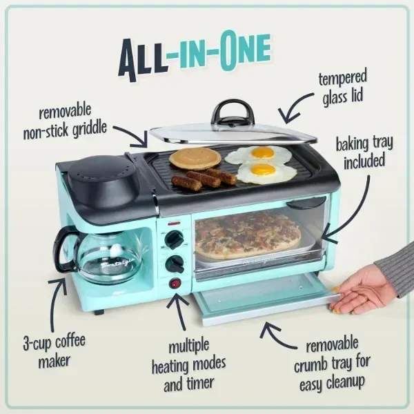 Nostalgia 3-in-1 Breakfast Station - Includes Coffee Maker, Non-Stick Griddle, and 4-Slice Toaster Oven - Breakfast Maker 4