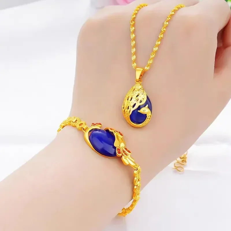 9999 Real 24K Yellow Gold Ladies' Necklace & Bracelet Set-Peacock Pendant with Cat's Eye, AU585 Gold Jewelry