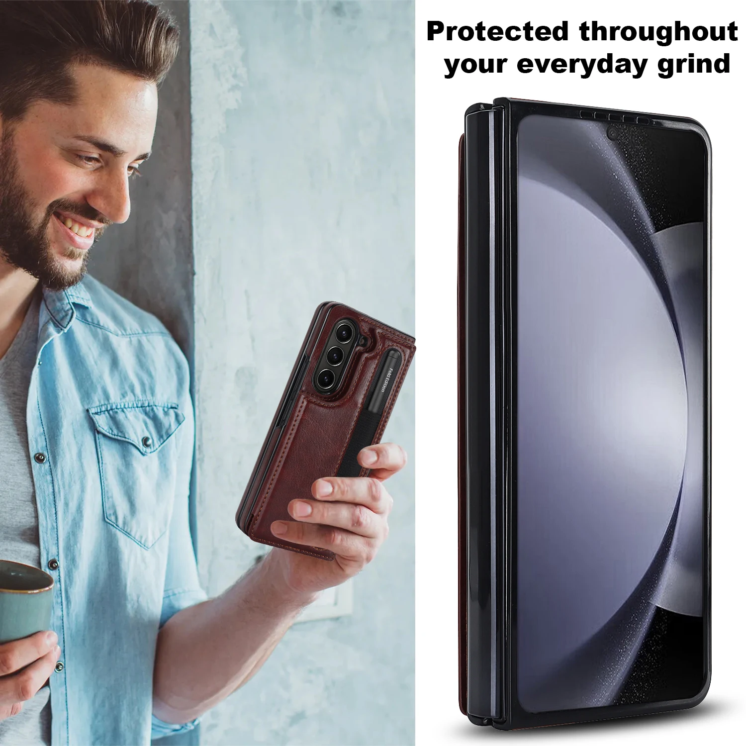 Leather Wallet Phone Case with Card Holder and Double Buckle, Pen Slot, Protective Design