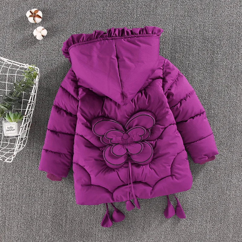 Girls coat winter thick warm jacket 3-12 years old girl clothing cute  butterfly down jacket mid-length hooded padded jacket coat