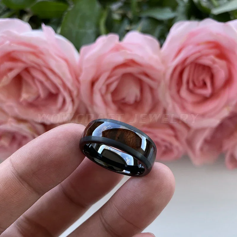 Black Tungsten Carbide Ring Men Women Band Domed Brushed Finish Black Ebony Wood Inlay Comfort Fit