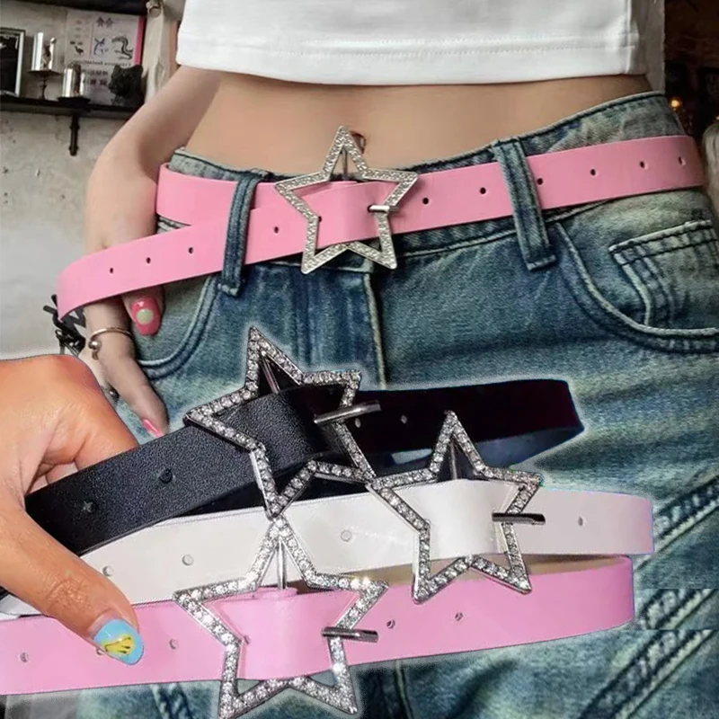 

Y2K Pink Leather Elastic Rhinestone Star Buckle Belt Binding Embellished Waistband Pentagram Retro Bride Decoration Accessories