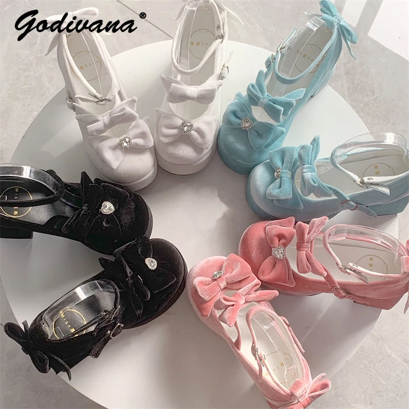 

Original Design Spring and Autumn Women's Lolita Round Toe High Heels Sweet Girls Rhinestone Bow Chunky Heel Lo Velvet Shoes