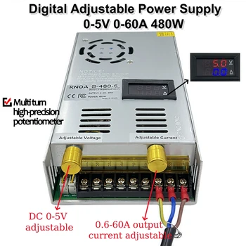 แหล่งจ่ายไฟ DC 5V 60A พร้อมหน้าจอแสดงผลดิจิตอล แปลงไฟ AC เป็น DC 5V  ปรับแรงดันและกระแสไฟได้ กำลังไฟ 480w 1