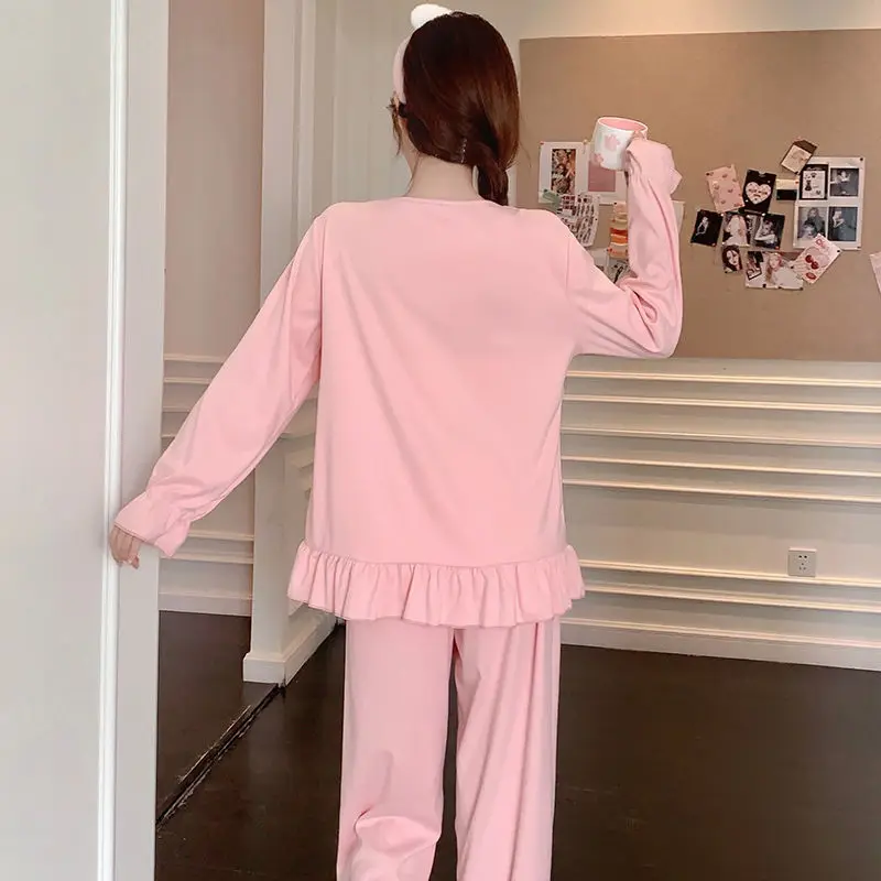 Spring Autumn New Pajamas Women's Sweet Long Sleeve with Chest Pad Home Wear Two-Piece Suit Loose Solid Color Sleepwear Set 2024