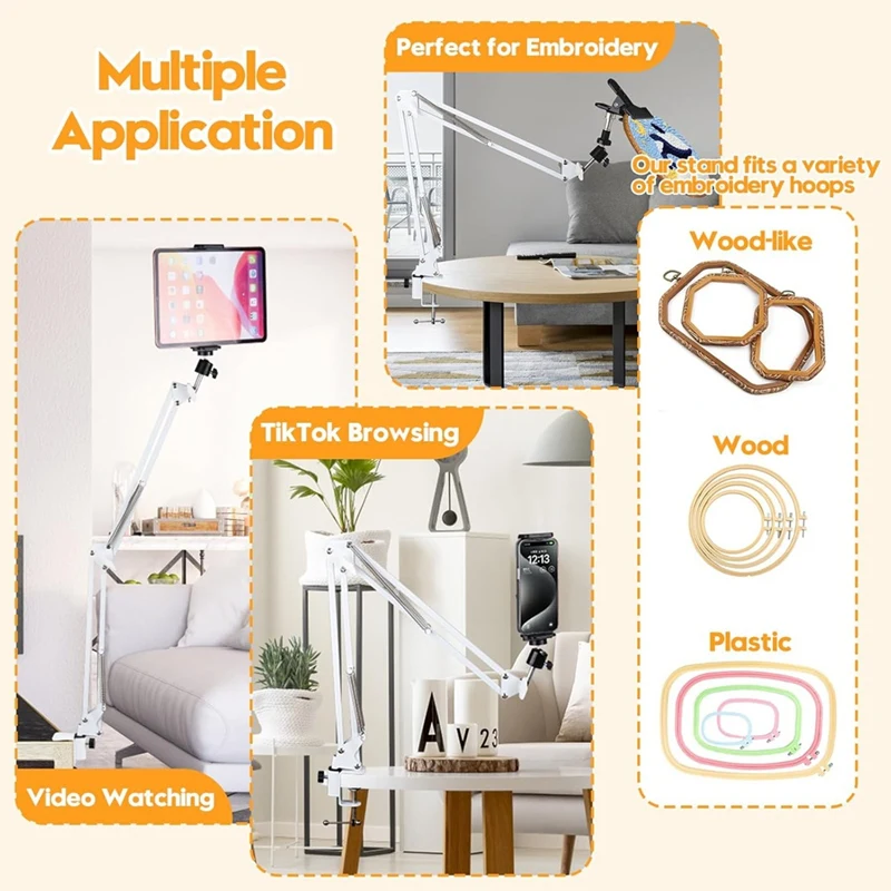 A69E-White Adjustable Embroidery Hoop Stand For Handwork, 3 In 1 Hoop/Tablet/Phone Holder Desktop Stand, Needlework Frame