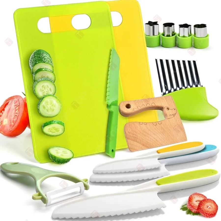 Description Picture 2 of item17 Pieces Kids Cooking Set Real Montessori Kitchen Tools Toddler Safe Serrated Edges with Plastic Knife Cutting Board Scissors
