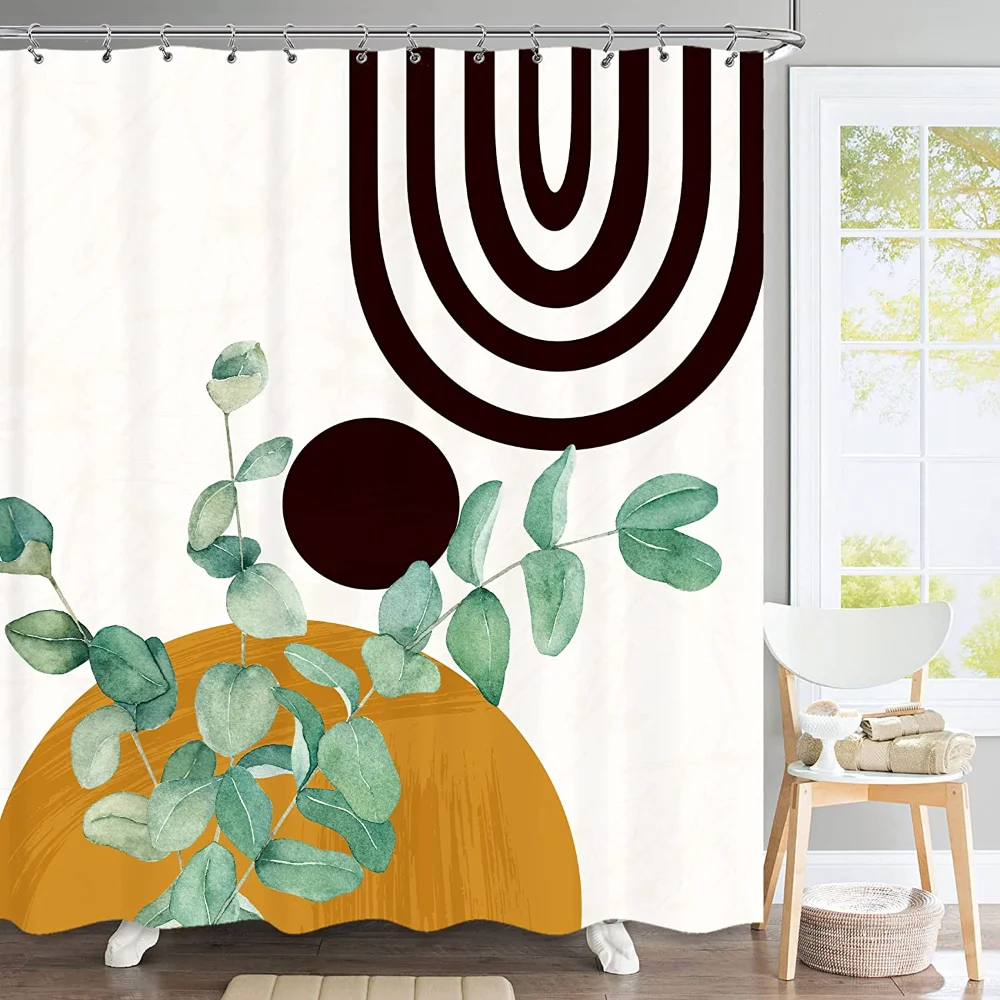 

Abstract Geometric Mid Century Shower Curtain Set for Bathroom Fabric Eucalyptus Lines Bathtub Decor Plant Bath Accessories Set