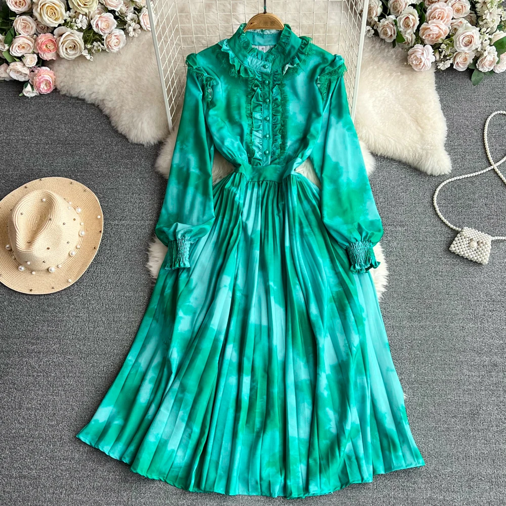 

Advanced Retro Lantern Long Sleeved Standing Collar Ruffle Edge and Waist Up A-line Halo Dyed Printed Dress