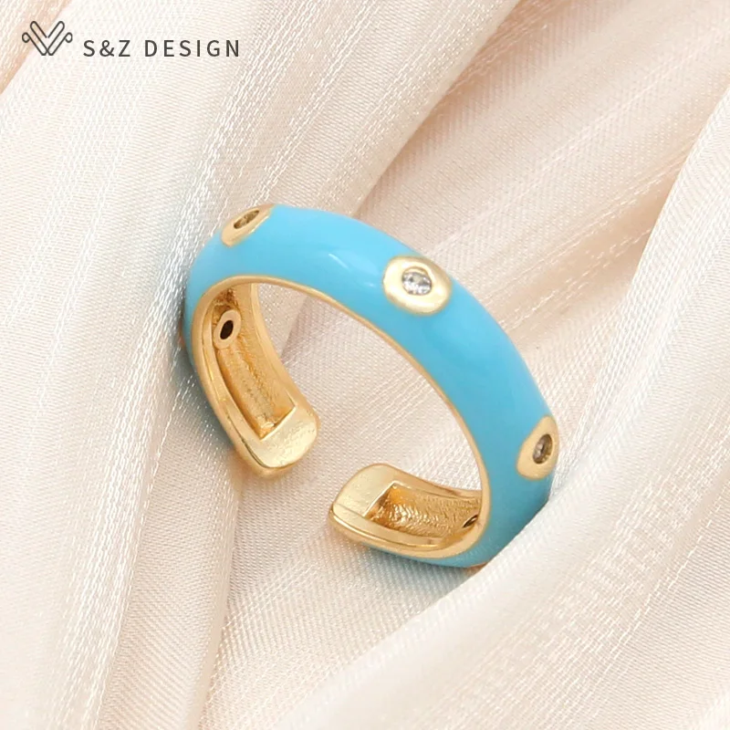 S&Z DESIGN New Fashion Geometric Champagne Gold Color Resizable Enamel Rings For Women Wedding Trendy Cubic Zirconia Jewelry