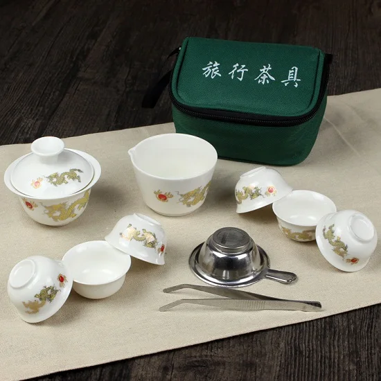 11 Pcs Travel Tea Sets Chinese Portable Ceramic Bone China Gaiwan Teacup Porcelain Tea Cup The Kung Fu Travel Set Bag