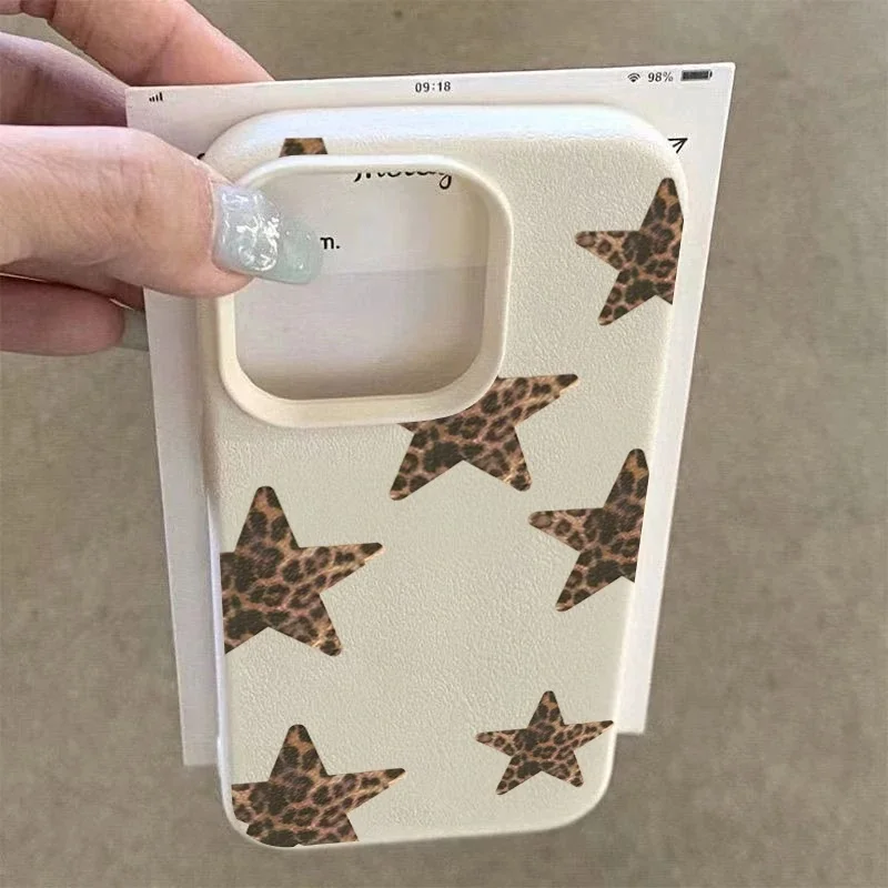 Leopard Print Stars Bow Lychee Texture Silicone Phone Case