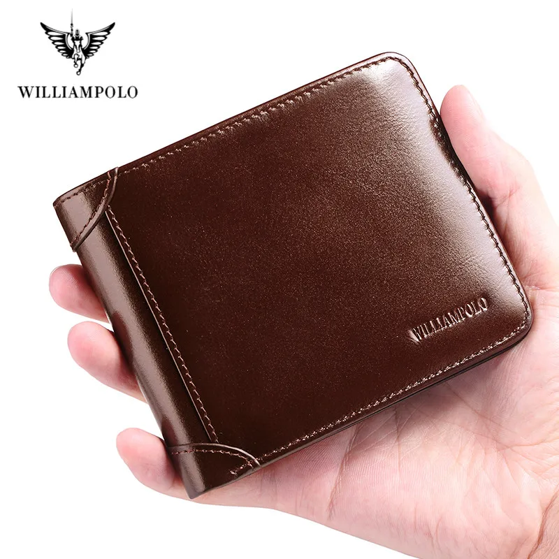 WILLIAMPOLO Genuine Leather Wallets Men Wallet Credit Business Card Holders Vintage Brown Leather Wallet Purses High Quality 2