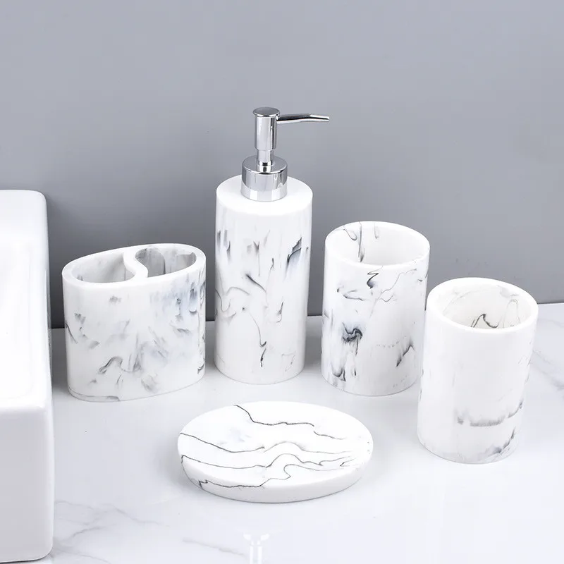 

Nordic Resin Five Piece Set Lotion Bottle Toothbrush Holder Tooth Mug Soap Dish Bathroom Organizer Washing Tools Toiletry Set