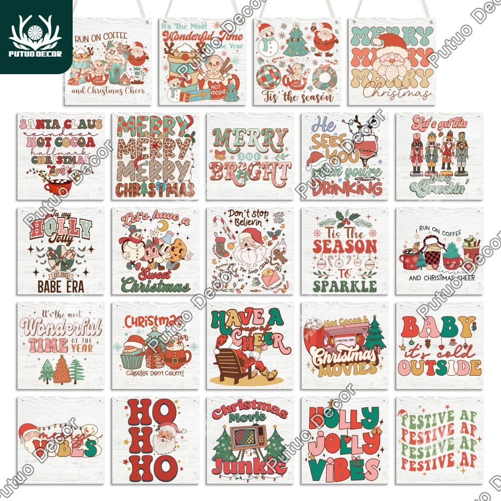 

Putuo Decor 1pc I Run On Christmas Cheer Wooden Hanging Sign ， Wall Decoration Xmas Tree Decor for Xmas Party, 7.8X 7.8 Inches