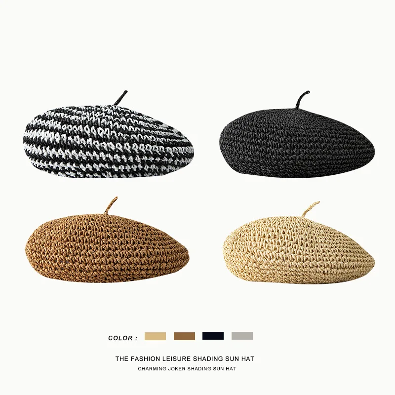 Vintage Beret Cap Fashion Women Casual Straw Weaving Beret Hat for Women French Spring Summer Retro Beanie Caps Hot Solid Color