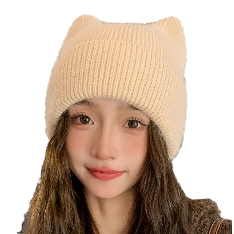 Angora Rabbit Hair Cute Cat Ears Beanies for Women Autumn and Winter Warm Ear Protection Sweet Versatile Pullover Knitted Hats