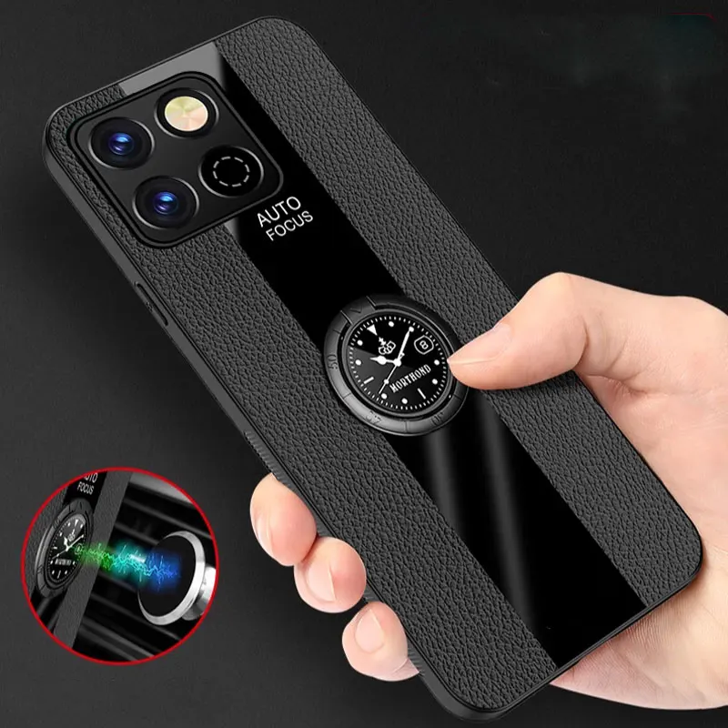 Elegant PU Leather Magnetic Ring Holder Phone Cover with Silicone Matte Bumper