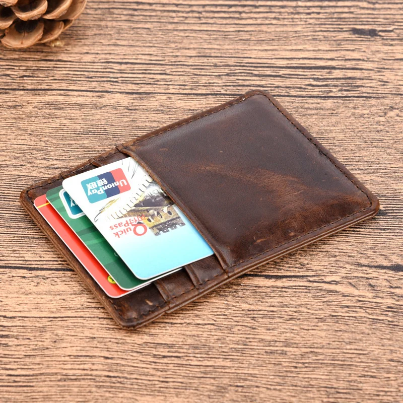 

Oil Wax Cowhide Wallet Slim Small Card Holder Coin Pocket Retro High Quality Genuine Leather Men Credit Clips Purse