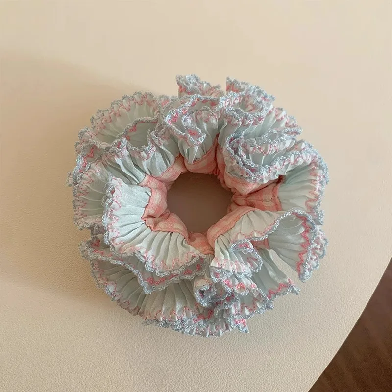 Blue Checkered Lace Elastic Hair Scrunchie - Oversized 14CM Hair Accessory