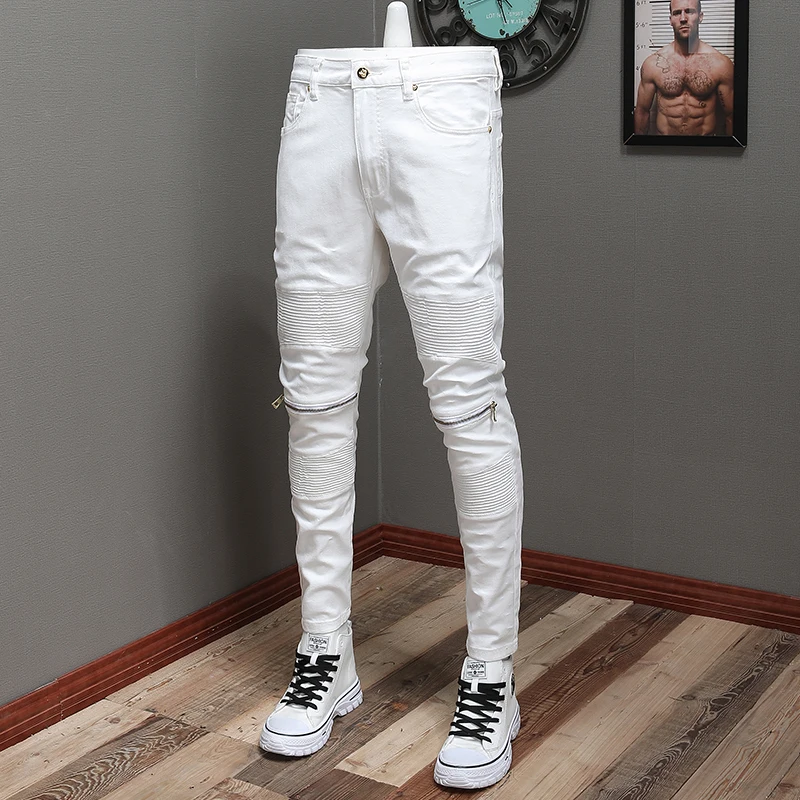 Street Fashion Men Jeans Stretch Elastic Slim Fit Spliced Designer Biker Jeans Men Black Trousers Zipper Hip Hop Pants Hombre