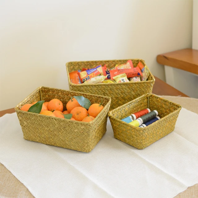 S/M/L Kézzel Szőtt Tengeri Fű Tároló Kosarak Moszat Rattan Kosár Íróasztal Szervező Piknik Snack Kozmetikai Doboz