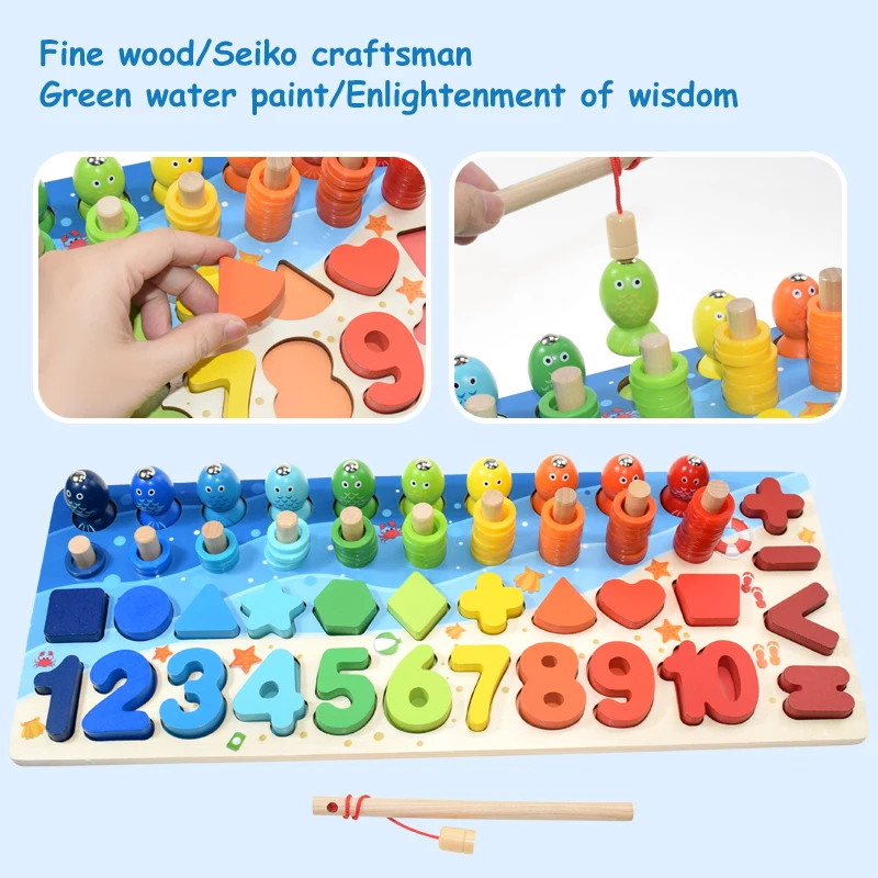 Montessori Educational Wooden Toys Children Busy Board Math Fishing Children's Wooden Preschool Montessori Toy Counting Geometry