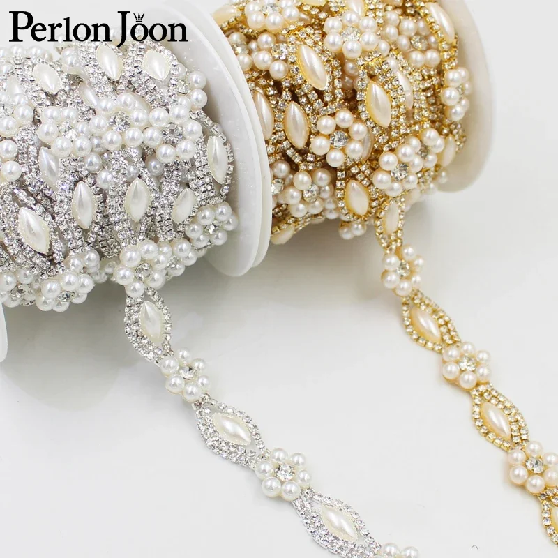 

1 yard pearl flower rhinestone trim plating gold silver flatback pearl crystal decorative chain clothing accessories ML090
