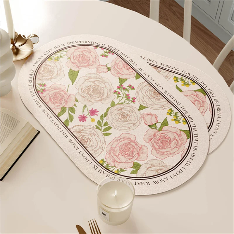 1PCS 30*45CM 가죽 타원형 핑크 꽃 PU 식사 매트 주방 방수 오일 증거 열 플레이스 매트 테이블 서양 음식 접시 패드