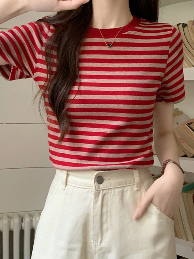 

2023 Pure Cotton Summer Contrast Stripe Short Sleeve T-shirt Women's Summer Round Neck Shoulder Short Top