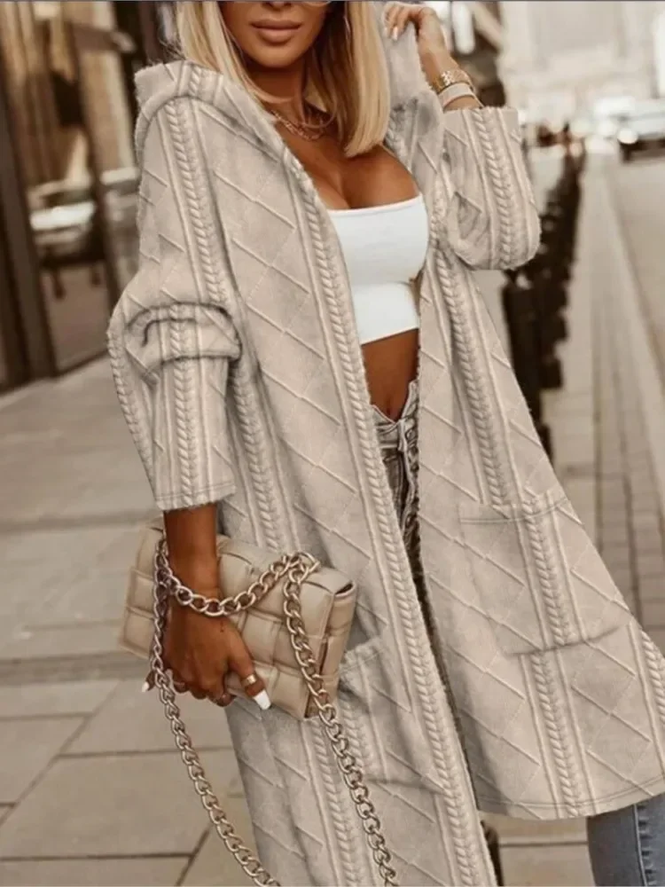 

2023 Autumn Winter Women Long Hooded Jacket Fashion Long Sleeve Sweater Cardigan Loose Jacquard Hooded Knited Jacket Casual Coat