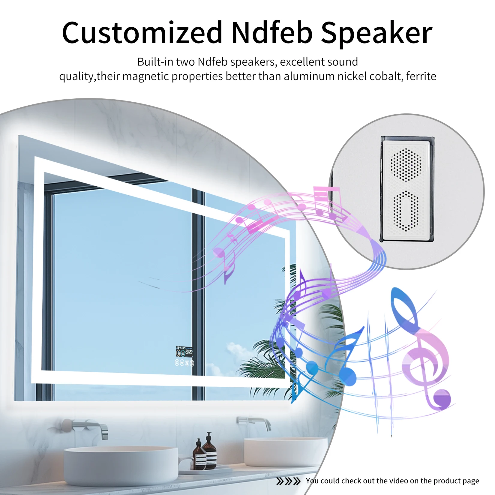 Extra Long Rectangle LED Bathroom Mirror with Bluetooth Speaker Front-lit and Backlight Vanity Mirror Smart Anti-fog 6