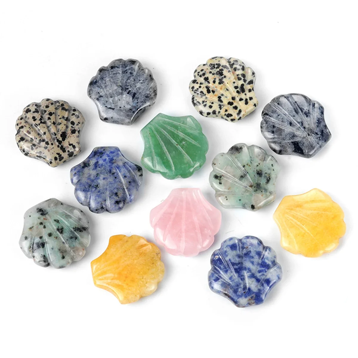 10PCS Wholesale Carved Natural Stone Sodalite Flash Labradorite Rose Quartz Shell Shaped Ornaments Fish Tank Home Decoration