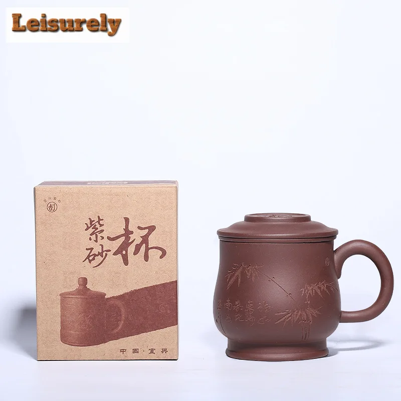 400ml Yixing Clay Teacup with Filter Master Handheld Household Office Infuser Kettle Hand Carved Bamboo Tea and Water Separation