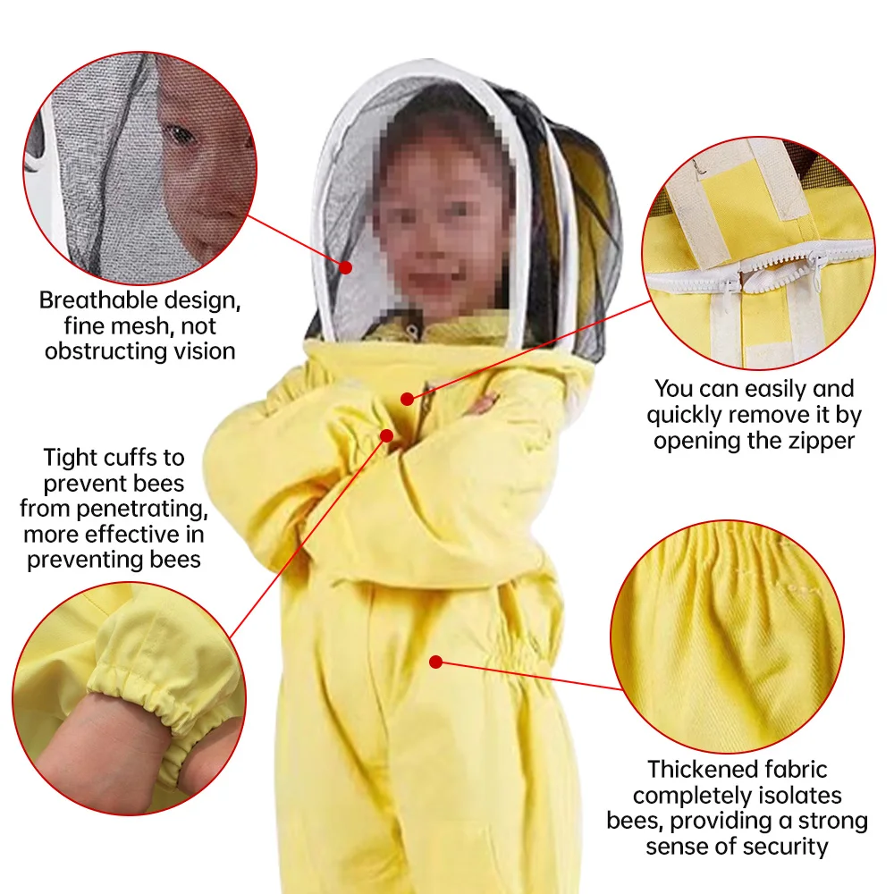 Kids Full Body Bee Protective Suit with Ventilated Veil Hood Beekeeping Protective Suit Costume Jumpsuit for Child Boys Girls