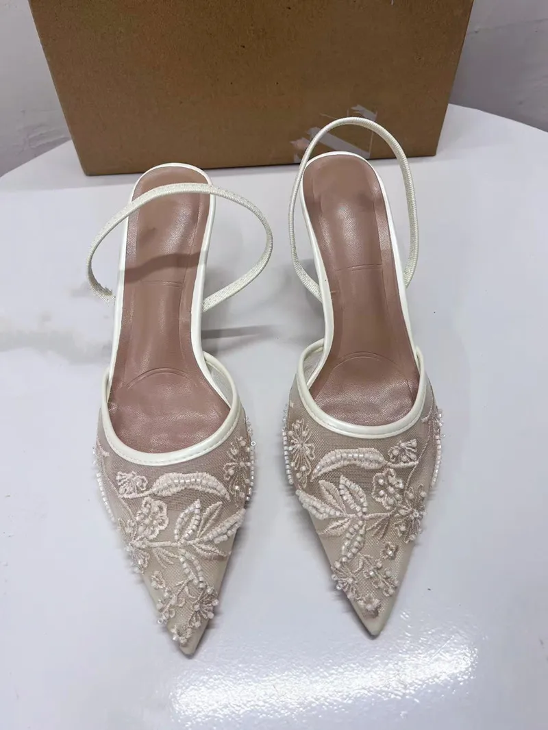 Women Sandals Women High-heel Pumps Embroidered Mesh Open Heel Shoes Fashion Print Stiletto Sexy Pointed End Mules women sandals,women high heels