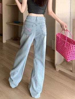 Baggy Jeans For Women | 2024 Bow Korean y2k Embroidered Retro High Waist Slim Denim Jeans