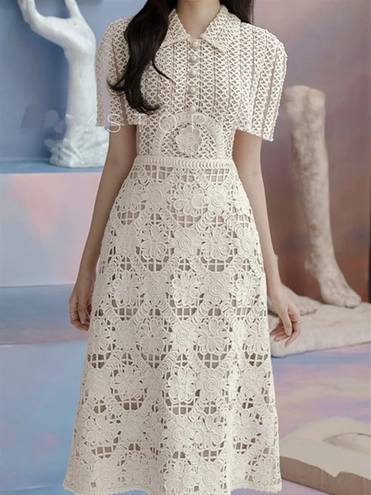 

Женское Сетчатое платье с коротким рукавом, элегантное винтажное однотонное платье-трапеция с вышивкой и кружевом в стиле бохо, лето 2023