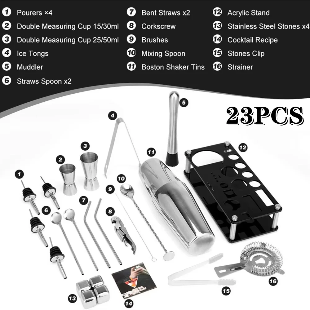 Boston Cocktail Shaker Set 20-Piece Bartender Kit for Home Bar Drink Wine Martini Mixer Cocktail Shaker Bartender Tool 550&750ML