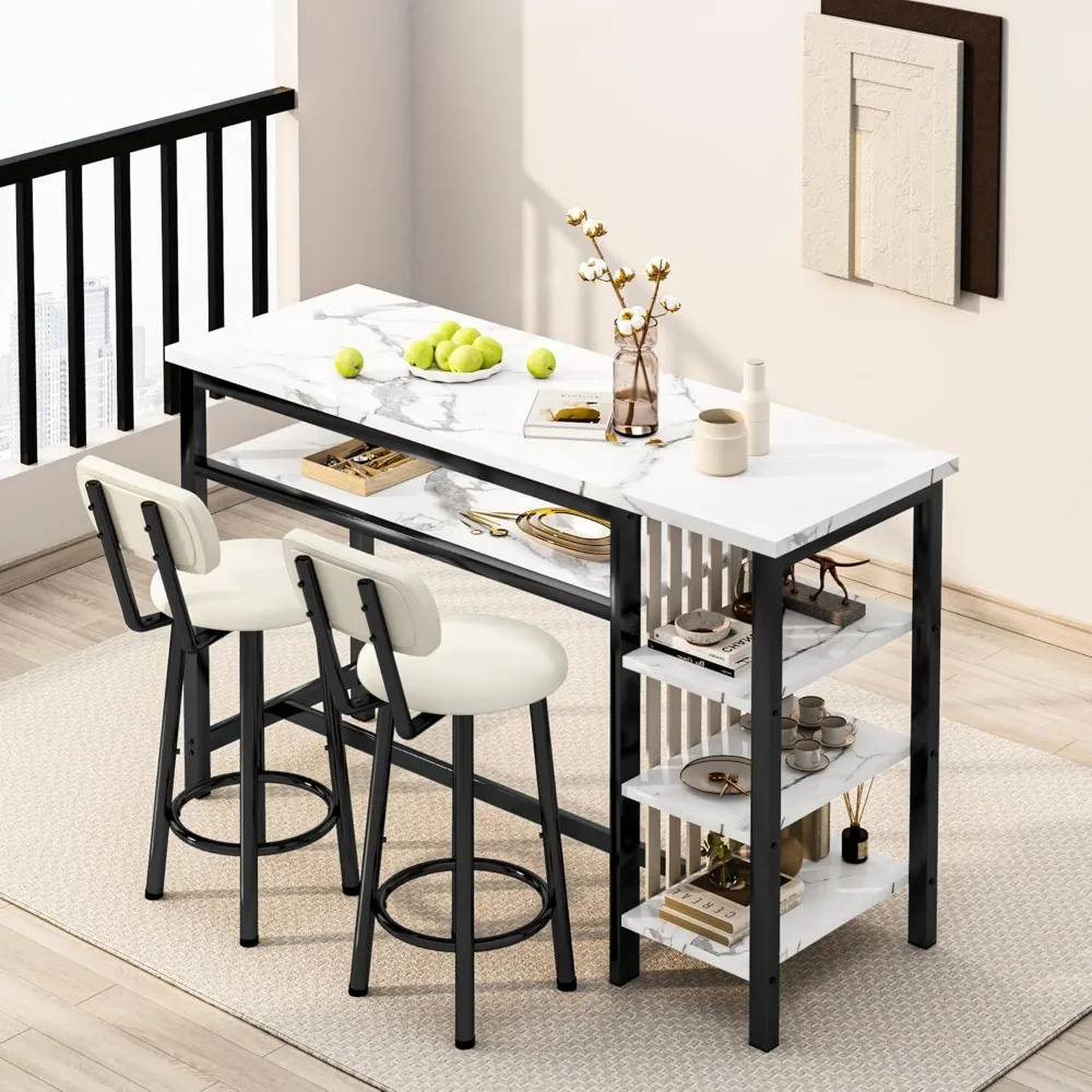 3-Piece Bar Table and Chairs Set, Modern White Faux Marble Table with 2 PU Cushion Bar Stools, Kitchen Counter 3