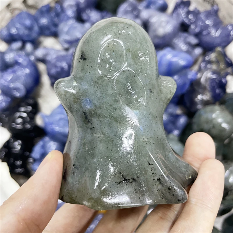 

Природный лабрадорит, Хэллоуин, призрак, Хрустальная резьба, лечебный энергетический камень, милый Хэллоуин, украшение для дома, подарок для детей, 1 шт.