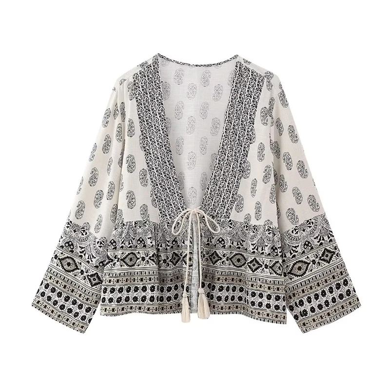 

V-neck Long-sleeved Bowknot Tassel Printed Cardigan Loose Slimming All-match Shirt Jacket Women's