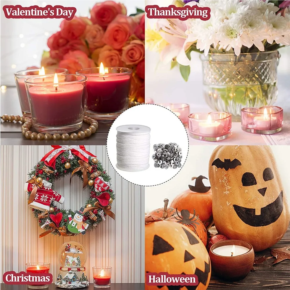 10m 30m 61m Candle Wicks Smokeless Wax Pure Cotton Core Metal Sustainer Tabs DIY Candle Making Pre-Waxed Wicks Party Supplies