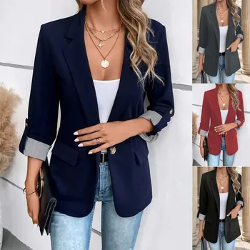 New women's casual and fashionable jacket with rolled sleeves and slim fit button up suit 1