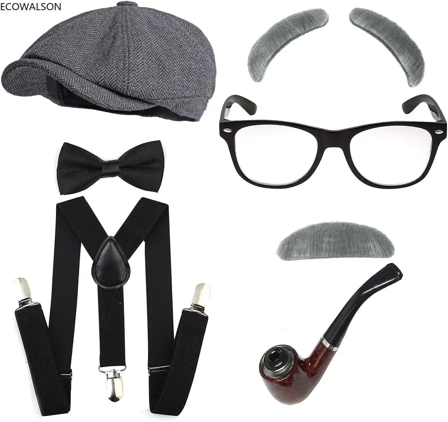 1920's Boys 100 Days of School Grandpa Old Man Costume Set Glasses Brim Fedora Hat Accessory Eyebrows & Moustache Suspenders 20