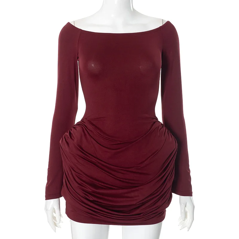 Sexy Pleated Fashion Mini Dress Women's Off-Shoulder High Waist Elegant Long Sleeve Party Dress Female Solid Bodycon Dress
