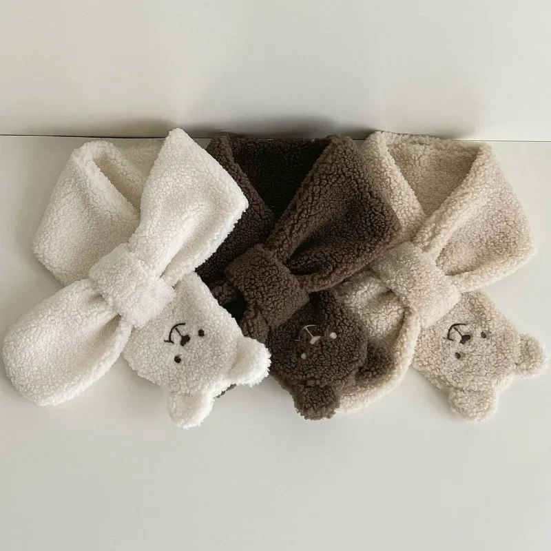 Winter Coral Fleece Pure Color Collar Children Soft Scarf Baby Boy Girls Plush Little Bear Neck Warm Scarves Outdoor Neckerchief baby scarf