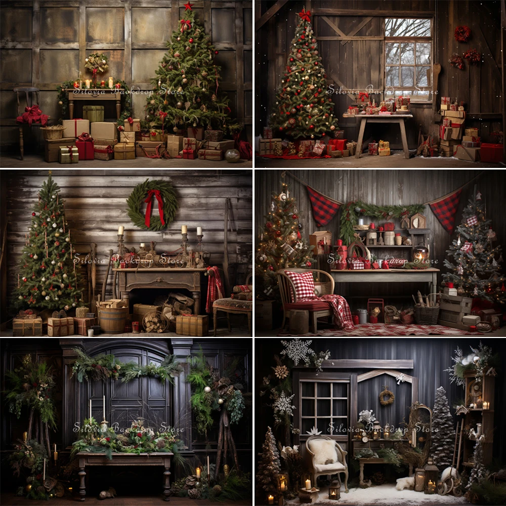 

Christmas Indoor Backgrounds Wood Wall Xmas Trees Wreath Decorations Photography Backdrops Family Portrait Photo Studio Props